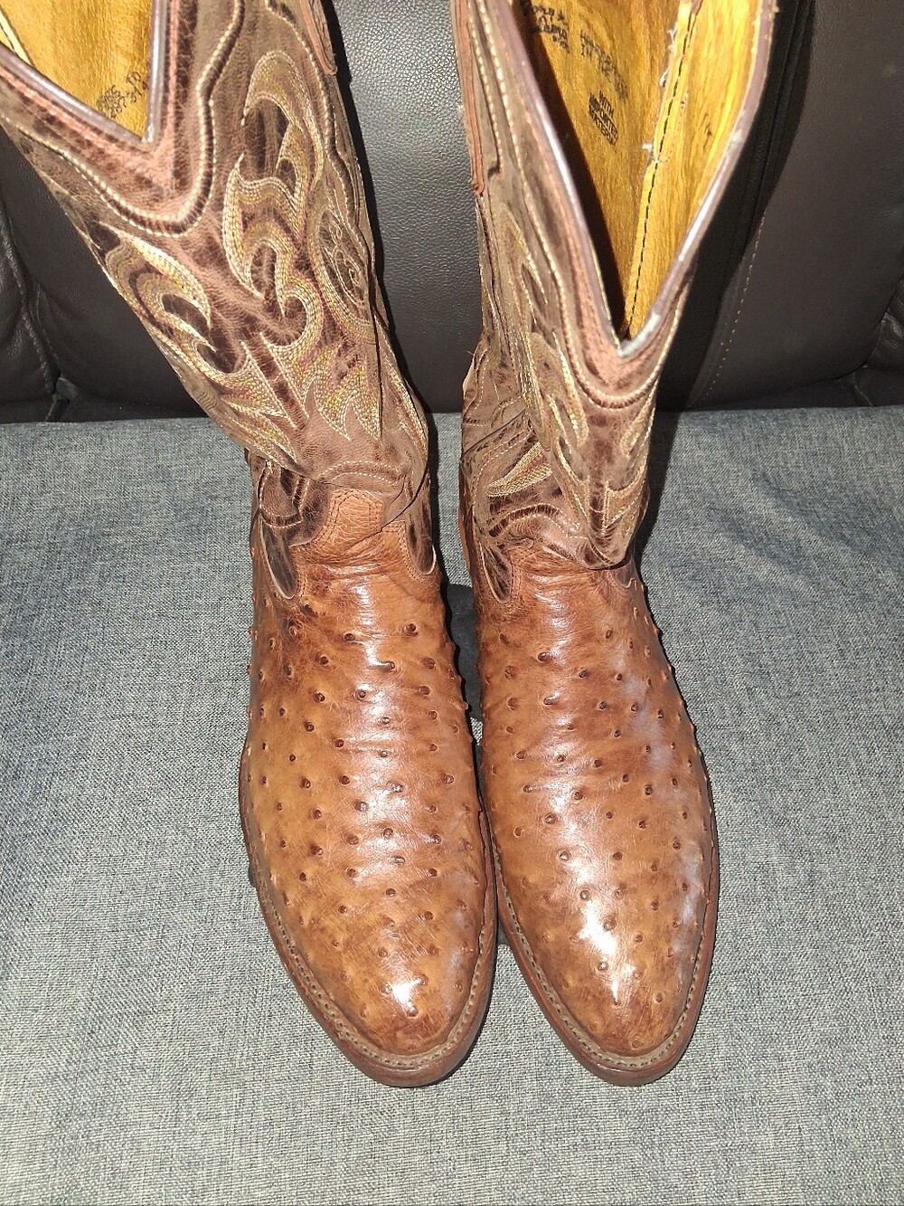 Tony LamaMen's Brown/Tan Antique Color Scheme Ostrich Leather Western Boots
